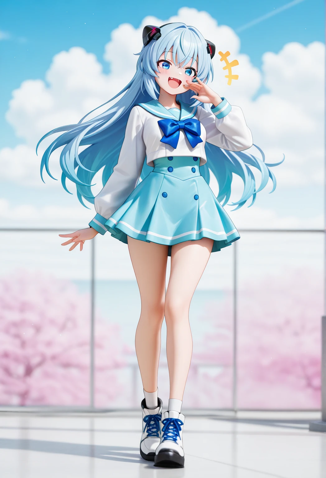 real situation,clear blue shining eyes,shy crying face,kawaii girl, Slim big,light blue long hair,Transparent sailor blouse,See-through pleated mini skirt with sheer luster,Idle Pose,Inside the convenience store,