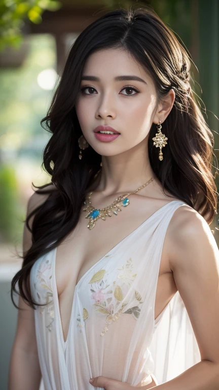 (masutepiece:1. 2), (Realistic:1. 4), (post processed:1. 3), (Sharp Focus:1. 3), 8K, mid-body shot (85mm Photo) , femele, Portrait, plein air, Empire Waist Dress, Bokeh, Wavy Hair , (Highly detailed body, Highly detailed face, Highly detailed eye, Best Quality:1. 2)