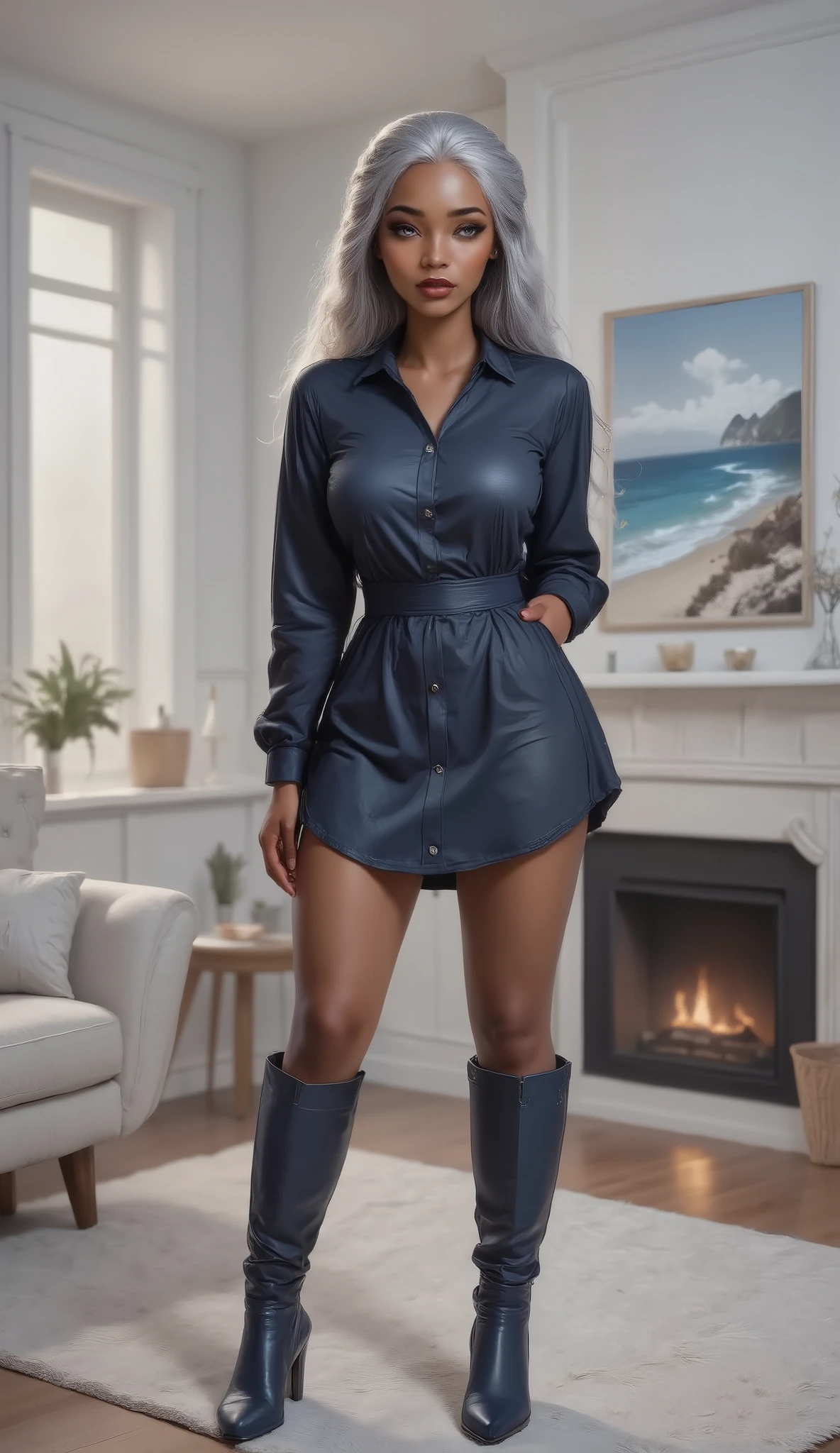 A brown skinned young lady, with silver white hair in two Long Double Dutch French braids, her eyes are silver grey, she is standing with her back towards a white wall with a picture frame of a white beach and a fireplace underneath it. She is wearing a casual navy blue long-sleeved button-down shirt dress down to her knees, it fits tightly showing off her thick sexy curves. Her long legs are showing, on her feet she is wearing ankel Heel Boots Leather Complex navy blue.
