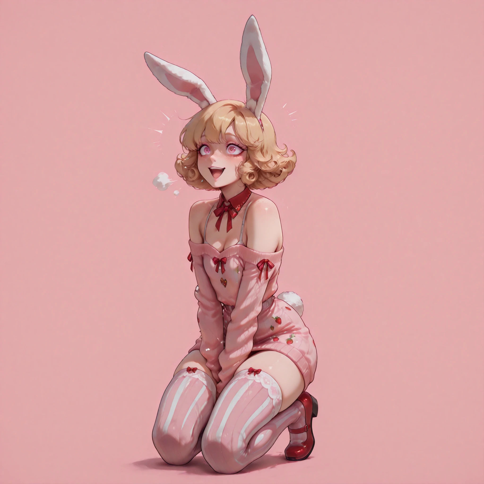 full body, big smile, open mouth hands in air, 1 femboy, curvyfemb0y, flat , white  ears,  tail, curly hair, ringlets, flipped hair, strawberry blonde hair, (broad shoulders), (((tall))), super-short hair, freckles, ((big eyes,)) pink eyes, (((adult))), white lined strawberry-print overall dress over a thick fluffy pink sweater, red ribbon collar, pink vertical striped thigh highs with ribbons, red Mary Janes, sharp lines, rounded shapes, ultra quality, HDR, 8k, kawaii, cel shading, fancy paper background