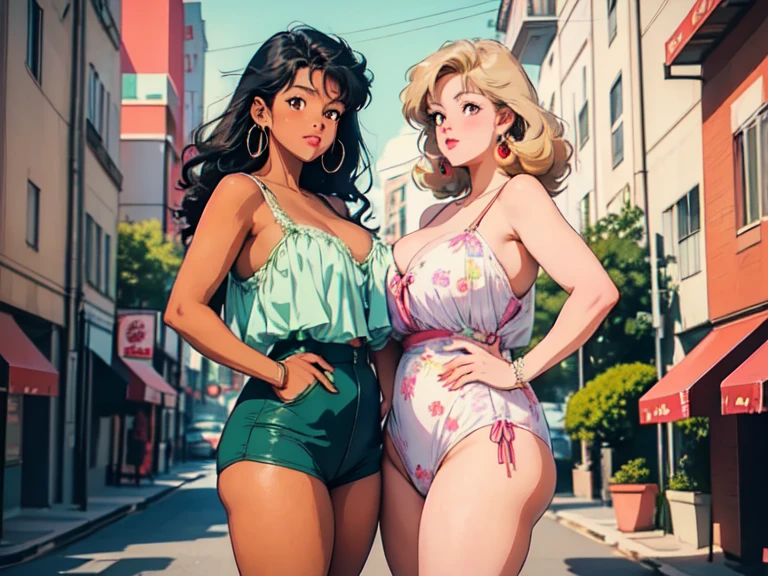 A group of three young incredibly busty adult European women, representing different ethnicities and characteristics wearing (camo printed white onepiece) swimsuits, wide thicc hips, slim waist, massively busty (beach) sand, water, sky, noon ((A handsom man in shorts stands between the woman))