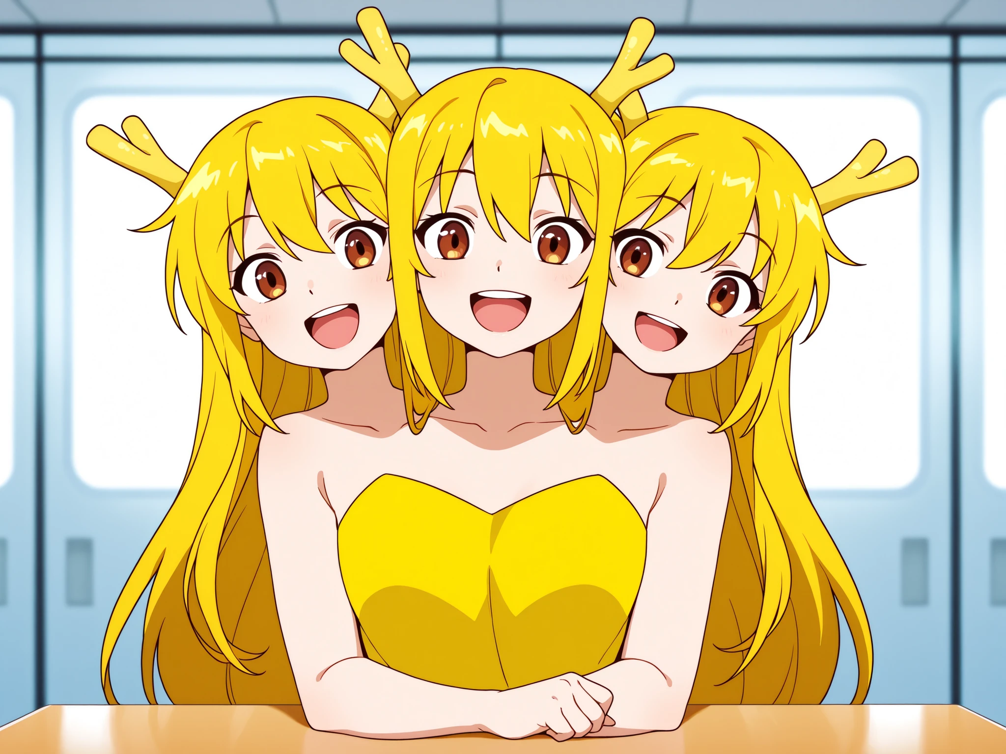 anime girl with three heads, conjoined, long blond hair, brown eyes, yellow dragon girl costume, simple yellow dress, open mouth, happy, bare arms and shoulders, sitting at a convention center panel table