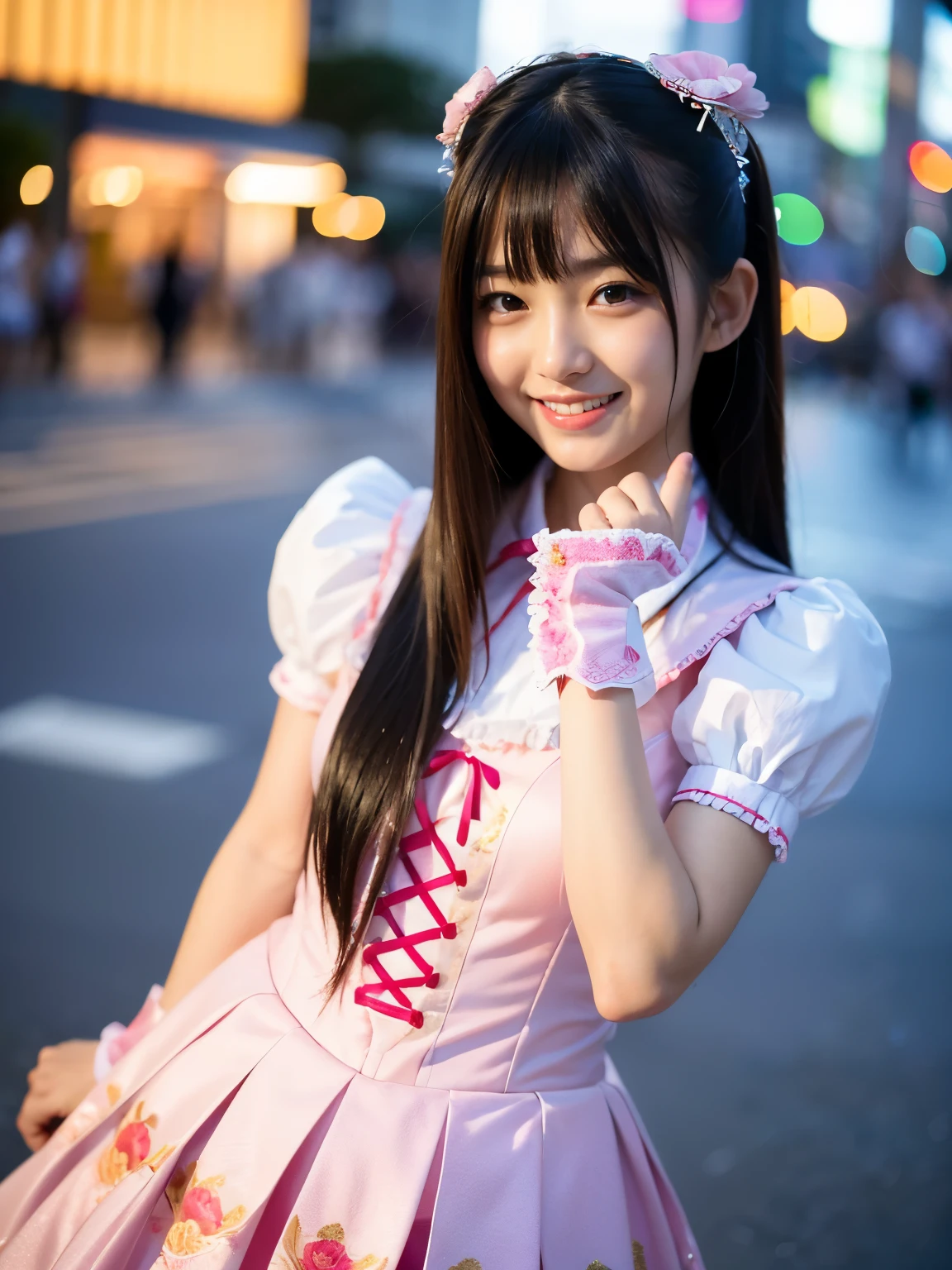 Cute face like an 18-year-old idol Smiling Kindly Japanese Gothic Lolita Cosplay Frills mini skirt Cleavage Slightly large bust Walking on urban sidewalks Whole body RAW Photos Genuine live-action Realistic