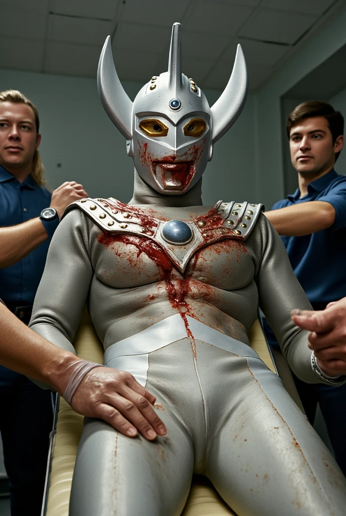 Aerial view, Ultraman Taro lying dead on his back , photo realistic, 35mm films, ultras, 4k, gay, bara, NSFW, Ultraman Taro, Aerial view, A huge metal platform in a huge hangar, A huge Ultraman Taro lying there in cardiac arrest, Tiny human scientists have cut off his red rubber costume, leaving only his lower body naked, Tall and thin, with a long and thin neck and limbs, Pale skin, Hairy, Small penis, Tubes attached to his penis, Tubes stuck in a cracked Color Timer, Dull grey eyes, The beam lamp on his forehead is also grey, His helmet is full of cracks, Blood is flowing from his open mouth, His head is tilted helplessly, His arms and legs are broken, Many tiny scientists are sticking many cables into him and connecting him to machines,