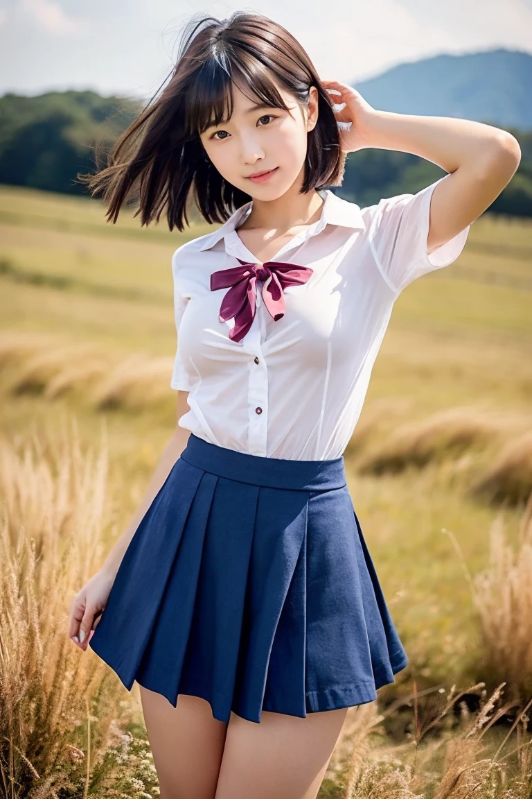 (Sillamäe:1.5), A slender, ​masterpiece, top-quality, Raw foto, Photorealsitic, faces, Incredibly absurd, beautiful a girl, cute little,Short messy hair, depth of fields, hight resolution, ultra-detailliert, finely detail, ighly detailed, extremely detailed eye and face, Sharp pupils, Realistic pupils, foco nítido, Cinematic lighting,Schoolgirl Uniform、Sheer white shirt、Navy blue ribbon at the collar、Dark blue pleated micro mini、appearance々Sexy Poses、White panties are visible from the skirt、20 years girl、Lift the hem of the skirt with both hands to show panties、is looking at the camera、summer clothing