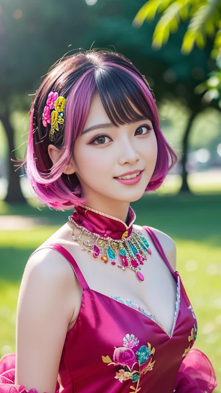 (masterpiece:1.4), (best quality:1.4), ultra high res, ultra high resolution, ((detailed facial features)), HDR, (realistic, photorealistic, photo-realistic:1.37), full body Esbian, sexy Japanese model, (-anime), only 1 model, vivid colors, ((vivid colors multicolor (fuchsia, pink, light blue, purple) very short hair)), ((smiling face)), lip-gloss, long lashes, beautiful makeup, defined eyebrows, wearing a red silk Paradise Kiss cosplay dress with black floral embroidery, ((vivid colors outfit)), vivid colors, look at the camera, cinematic light, large park background with trees, sweet and sexy pose