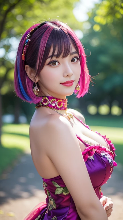 (masterpiece:1.4), (best quality:1.4), ultra high res, ultra high resolution, ((detailed facial features)), HDR, (realistic, photorealistic, photo-realistic:1.37), full body Esbian, sexy swedish model, (-anime), only 1 model, vivid colors, ((vivid colors multicolor (fuchsia, pink, light blue, purple) very short hair)), (seductive smile), lip-gloss, long lashes, defined eyebrows, wearing large sparkling colorful jewelery, wearing a red silk Paradise Kiss cosplay dress with black floral embroidery, ((vivid colors outfit)), vivid colors, look at the camera, cinematic light, large park background with trees, sweet and sexy pose