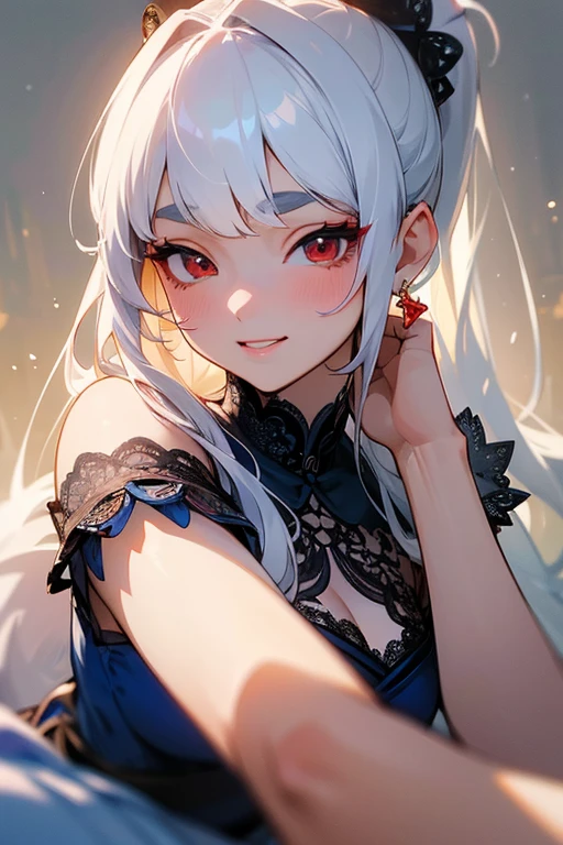 masterpiece, best quality, illustration, (dynamic lighting:1.2), cinematic lighting, reflection, delicate facial features, detailed eyes, ultra-detailed eyes, sharp pupils, star-shaped pupils, realistic pupils, depth of field, bokeh, glitter, glitter, glistening, sharp focus, (hyper-detailed, bloom, glow:1.4), exceptional beauty, alluring face, cute look, multicolored hair, white-ish purple hair, shining hair, red hair strands, ponytail, high ponytail, enchanting purple eyes, two-tone colored eyes, blue eyes, shiny, sparkle, sparkling, elegance, royal, princess dressing, princess, crown, tiara, jewelry, ornaments, delicate features, 1girl, solo focus, medium full shot, white skin, intense bright, absurdres, high-res, ultra-detailed, large breasts, huge breasts, perfect breasts, hair ornaments, earrings, perfect arms, perfect hands, perfect fingers, perfect body, perfect, embarrassing, blushing, smiling, angelic, lunar, new year, lunar new year background, dragon, fireworks, night market background, lantern, expert shading, extreme light effects, intense bright, glare, sharp eyelash, red lips, dynamic pose, no exposure, no exposing, no exposed,