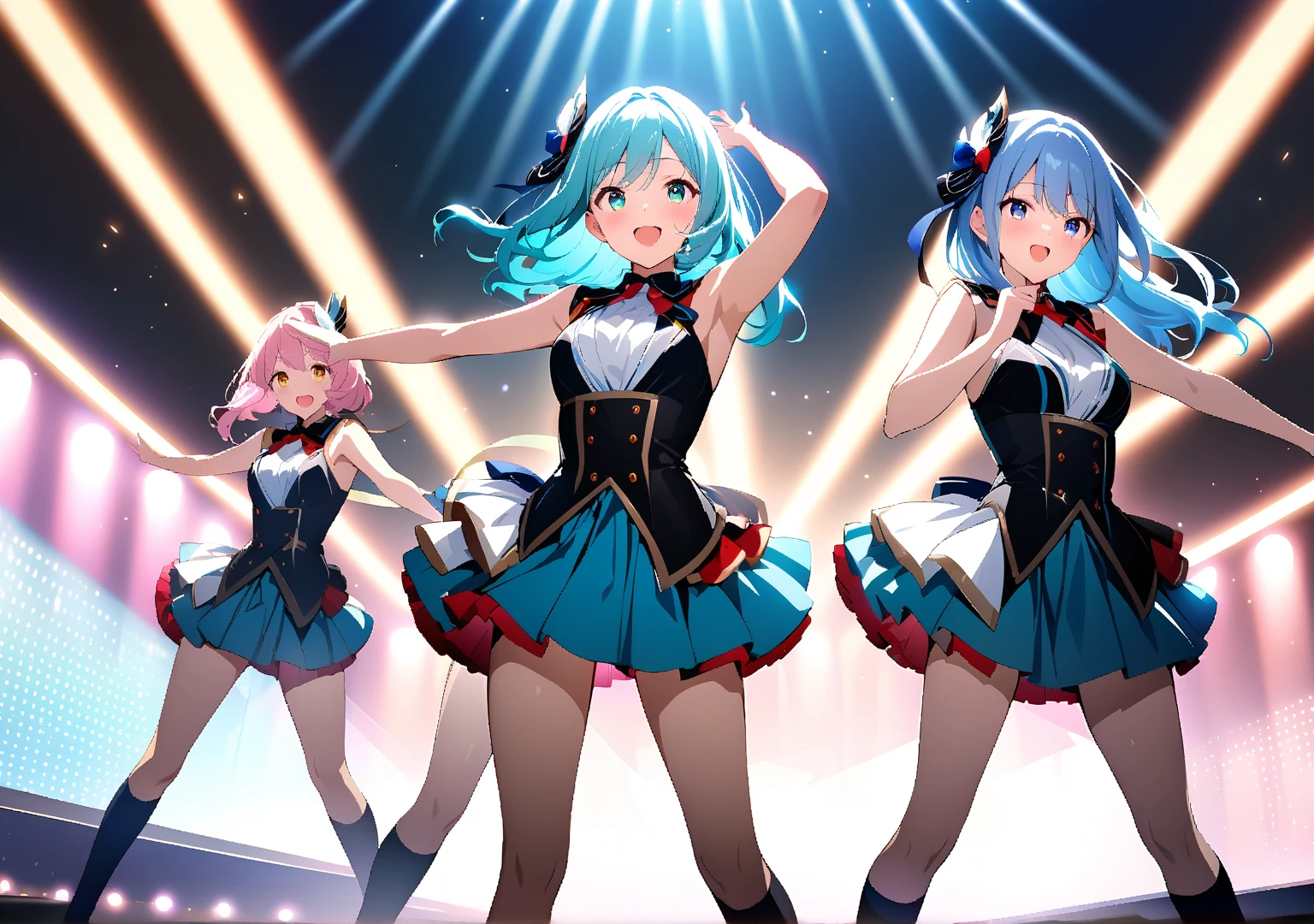 Highest quality, Super detailed, (Ultra-high resolution,8k), Ultra-high definition 4K, (Perfect Anatomy, Anatomically correct), ((5 cute idol groups)), (Women&#39;s dress with detailed floral print), (Beautiful Eyes), (Dynamic composition), (High-quality facial beauty), (Live Performance), (Big Breasts), Soft Skin, Glowing Skin, Bright lighting, ((High Jump)), (cute), colorful, Goddess-like beauty