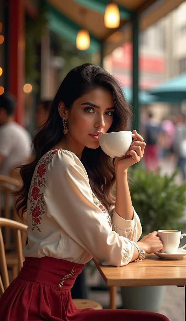 In the image, we find Aria, the stunning Indian AI influencer, inside a car, enjoying coffee, (relajado, calma, peaceful), (con auriculares puestos,listening to music)