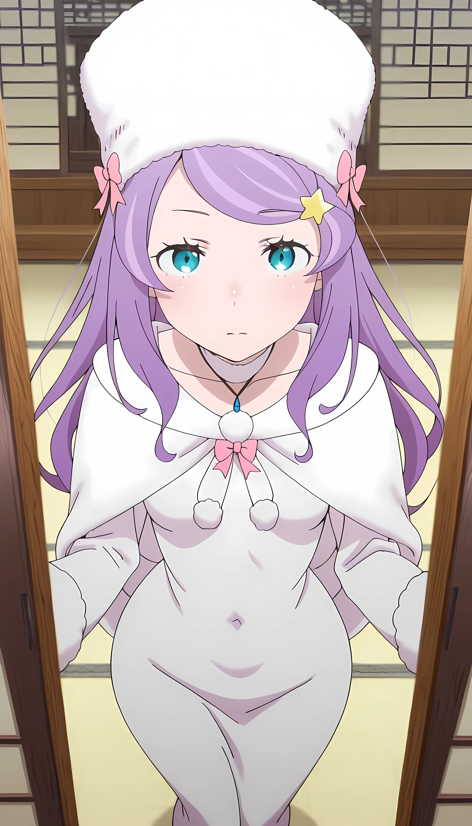 amazing quality, best quality, masterpiece, newest, highres, absurdres, anime screencap, anime coloring, detailed background, screencap, anastasia hoshin, 1girl, solo, long hair, blue eyes, purple hair, swept bangs, mature female, small breasts, tight dress, covered navel, east asian architecture, seductive pose,
hair ornament, long sleeves, hat, dress, bow, star (symbol), white dress, fur trim, white headwear, pink bow, pom pom (clothes), star hair ornament, wide hips, contrapposto, pov, close-up, facing viewer, face-to-face, full body, high angle, looking at viewer