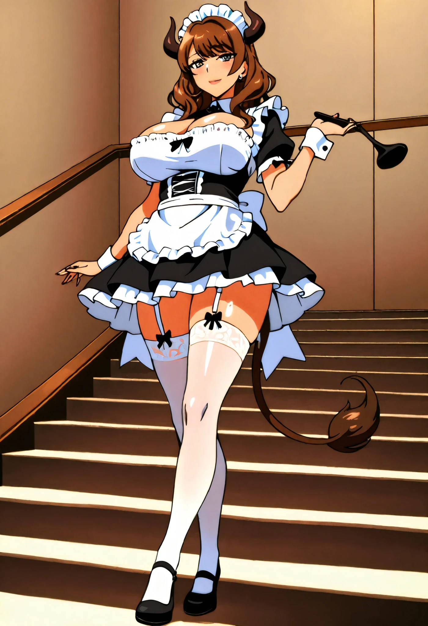 ((masterpiece)), ((best quality)), ((highres, absurdres)), (detailed), ((anime coloring, shiny skin)) , solo, full body, mature woman, cow anthropomorphic features, brown hair, healthy glossy texture, curved horns, droopy ears, elegant maid uniform, custom-made design, gothic black and white dress, pleated mini skirt, black patches aesthetic, layered skirt, wide-open chest area, tight-fitting top, accentuated breasts, white garter belts, meaty thighs, knee-length white socks, dark brown tail with black switch, rhythmic swaying, slightly tanned skin, no makeup, graceful facial features, sharp mature charm, luxurious room setting, confident posture, elegant steps, seductive yet professional demeanor, looking at viewer, hypnotic allure