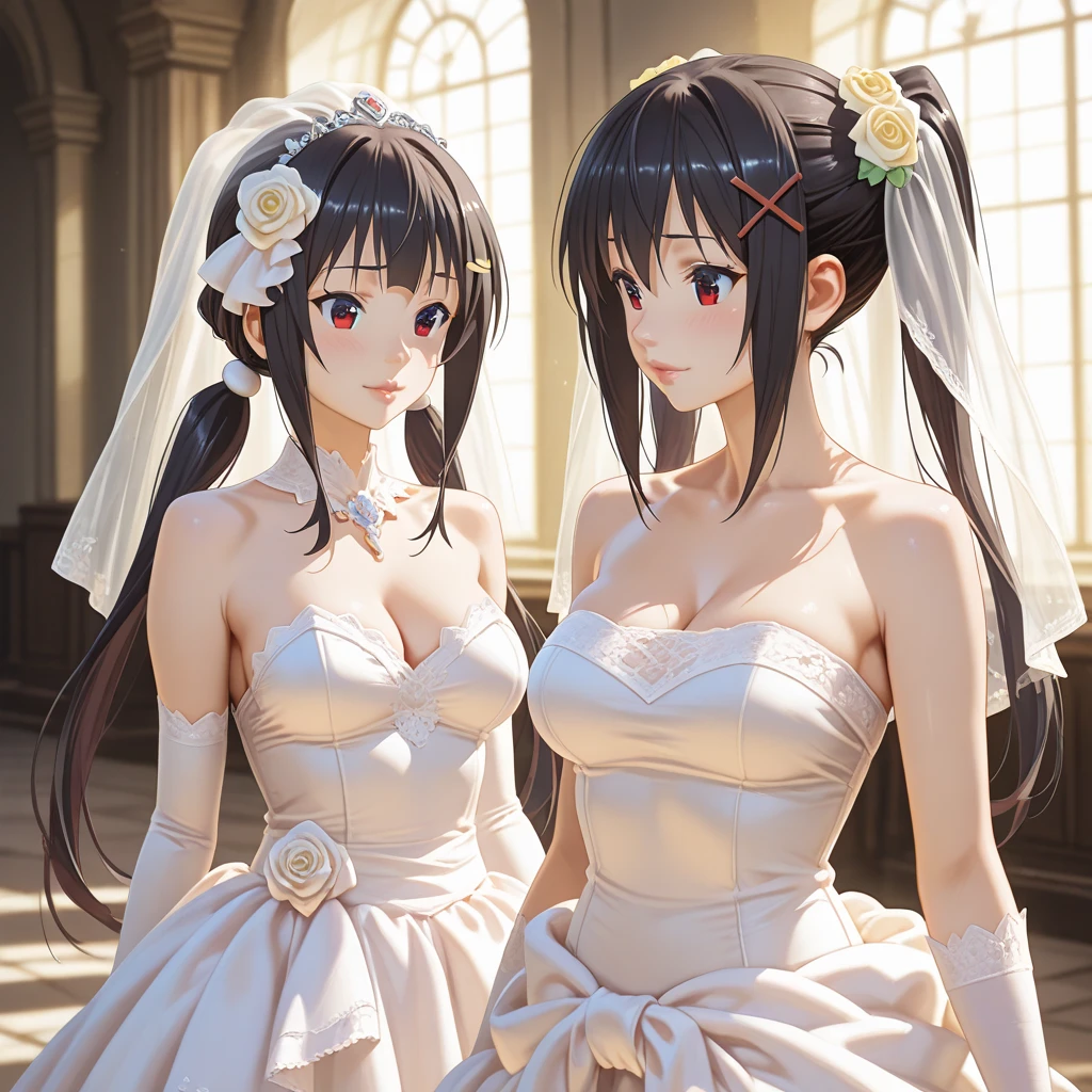 (Sweat:0.7),light yellow wedding dress,White skirt,Miss,Japanese,delicate face, pretty face,Bare shoulders,Slightly exposed shoulders,Translucent skin,black eyes,black hair,(Realistic:1.4),Realistic細節, High resolution,Bokeh,Excellent details
