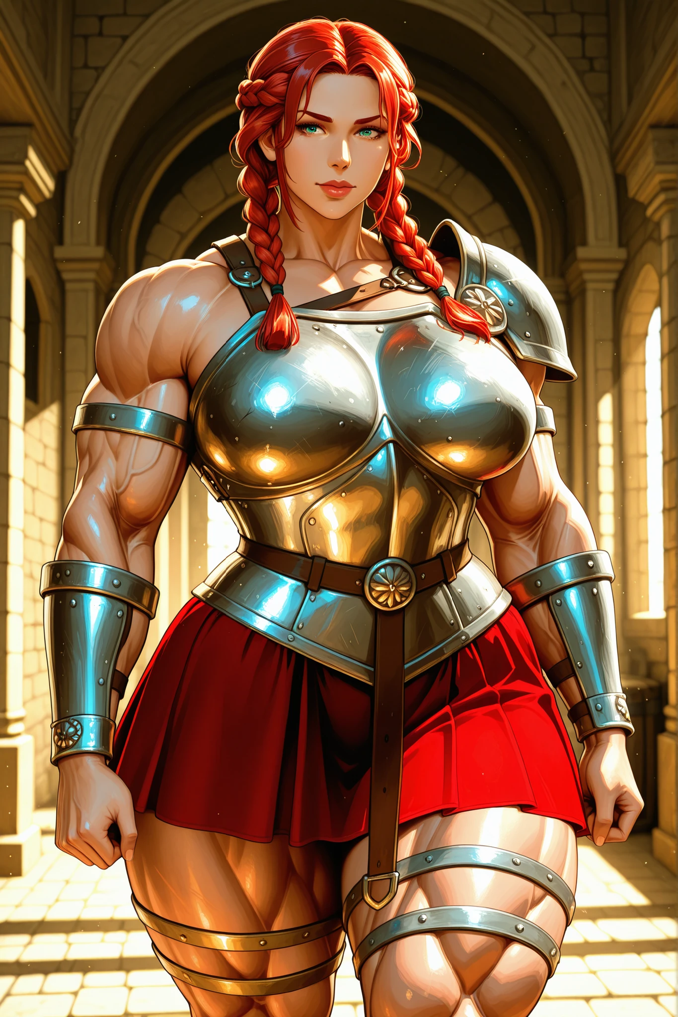 Female roman gladiator, huge muscles,twin braids hairstyle, lips, breastplate, bracers, skirt