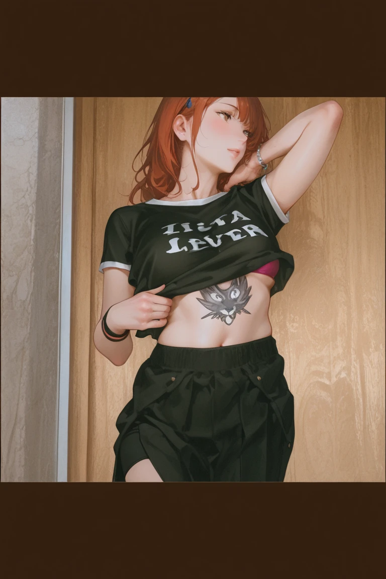 "Anime style: Very tall, athletic woman, 40 years old, with long light red hair and a large fringe that completely obscures her eyes. Freckles, tattoos, piercings. Wearing a military jacket, jeans, and sneakers. Dimly lit alley, dramatic shadows, close-up angle."