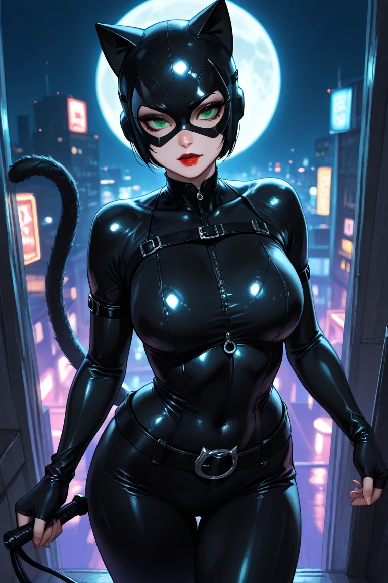 Lean fit catwoman girl from the dark knight stands imposing in a gothic lost city. Moonlight highlights her fit and lean figure. The scenery is lush and mysterious, with futuristic tech and surroundings. The camera details everything.