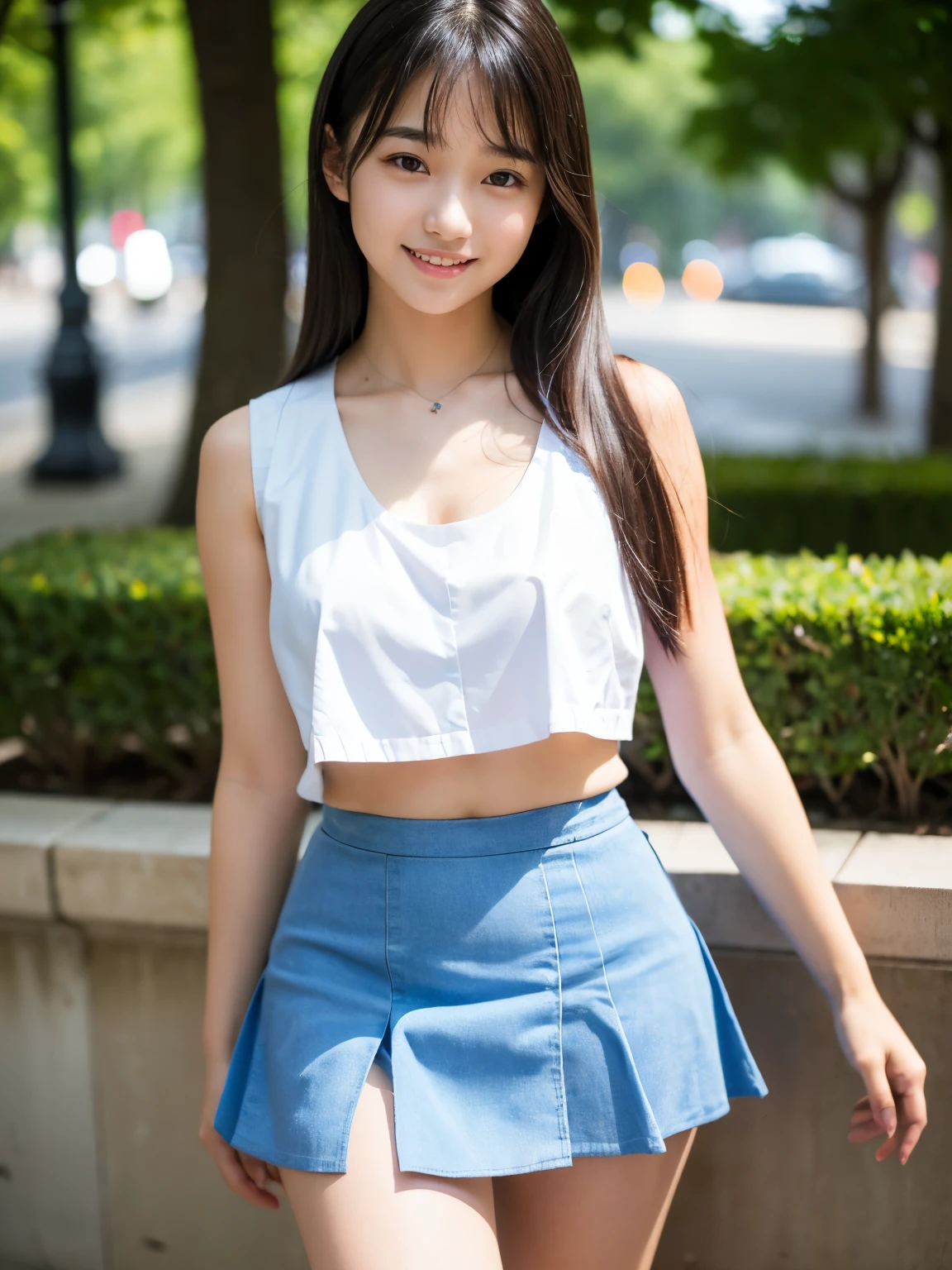 the Extremely Detailed CG Unity 8K Wallpapers、top-quality、ultra-detailliert、masterpiece、realisitic、Photo Real、extremely detailed cute girl、20yr old、(skirt rift)、(skirt lift by yourself))、white panties、panties focus、red blush、cparted lips、looking at the viewers、Half body shot、Wearing an off-the-shoulder shirt、(Large crowds)、(Crowded parks)、shorth hair,Sweet smile