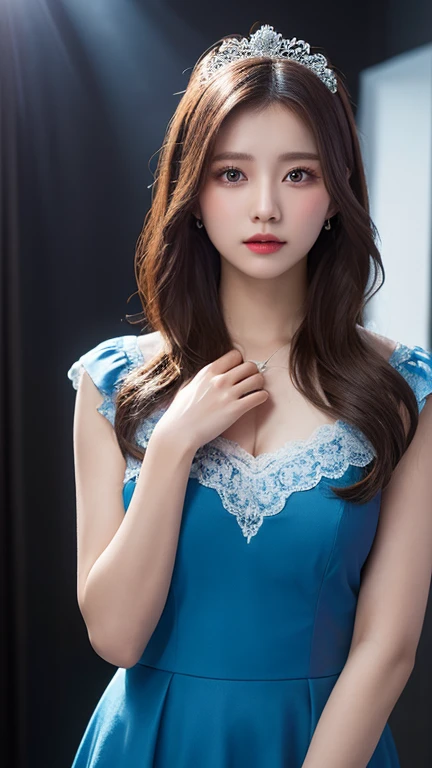 8k, 超High resolution, highest quality, masterpiece, Surreal, photograph, 1 girl, (16 years old:1.3), pretty girl, Cute Face, Beautiful eyes in every detail, 細かくdetailedに,masterpiece,(Black rider jacket:1.1), (masterpiece, highest quality, pretty girl, Beautiful Face, 8k, RAWphotograph, Realistic, Absurd:1.2), teens, Cowboy Shot, Dutch Angle, Face Light, Film Grain, chromatic aberration, High resolution, 超detailed, 細かくdetailedに, Light blue ruffle lace dress, detailedな肌と目と顔, Sharp pupils, Realistic students, Sharp focus, street,Sexy pose、See through 、Looking at the audience、beauty,Long neck、Laugh a little、Please close your mouth and laugh、(((Ideal body type))),A-cup small breasts :2,、Portraiture:2、Perfect Anatomy、鮮明なdetailed、detailed、Surreal、Light and shadow,Strong light,Fashion magazine cover,Thin lips
