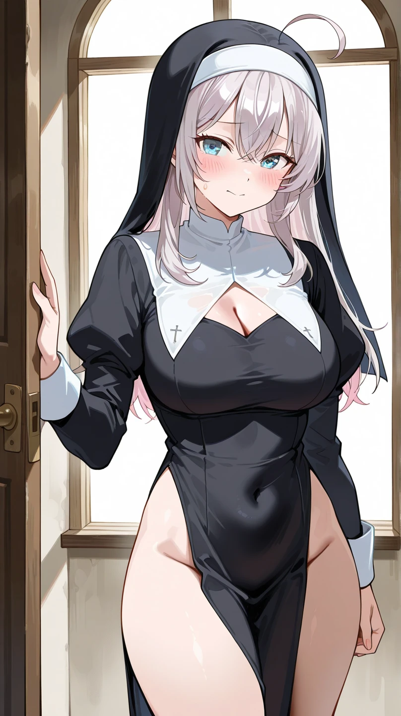 (masterpiece), (best quality), ((high resolution)), ((pupils)), fiveseven, 1girl, long ponytail, silver hair, large breasts, ((nun)), smile, cleavage, leaning forward, hand on own chest