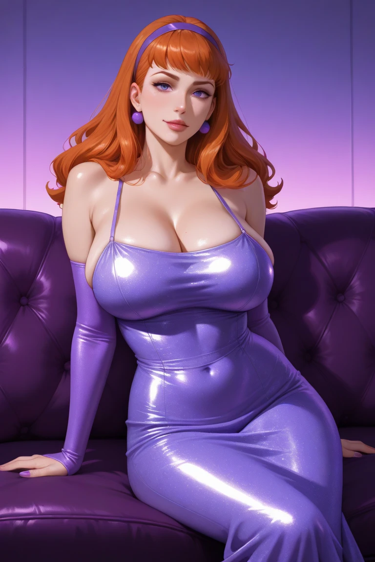 ((1 girl)), Supergirl, 29 years old, full body view, full body view, full body view, Beautiful woman shoulder length curly strawberry blonde hair, two side up with bangs, ringlets, shoulder length curly strawberry blonde hair with bangs, two side up, ringlets, shoulder length curly strawberry blonde hair with bangs, two side up, ringlets, defined body, (large_breasts:1.6) Red lipstick, smiling slightly, hands free, standing facing camera, (( jeweled sparkling spaghetti strap, purple short dress of Supergirl )), balcony city nighttime, nighttime (curvy:1.2)