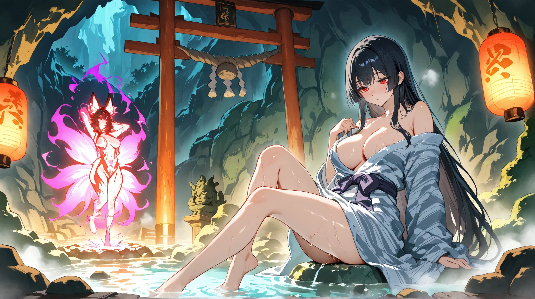 1 girl, twilight \(it's all a miracle\) \(polar nights\), the ark is a masterpiece, Best quality),rating:NFV, newest, orange eyes,detailed eyes, Perfect eyes, black hair, horns, ///// from the nanny,, author: omone hokoma agm , \\\\\ , nude, naked, rating:NFV, mature woman:1.2, hit, loose hair, , Couple, wet,, day, medium breasts, Mountains, hand gradient,One,wallpaper,