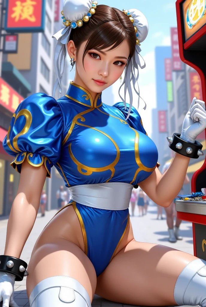 ((Chun li)), 1 Girl with short black hair, blue eyes, perfect face, voluminous body and slightly thin hips, she is in an amusement park alone, ((perfect body)), ((work of art)) , ((best quality)), (detailed)