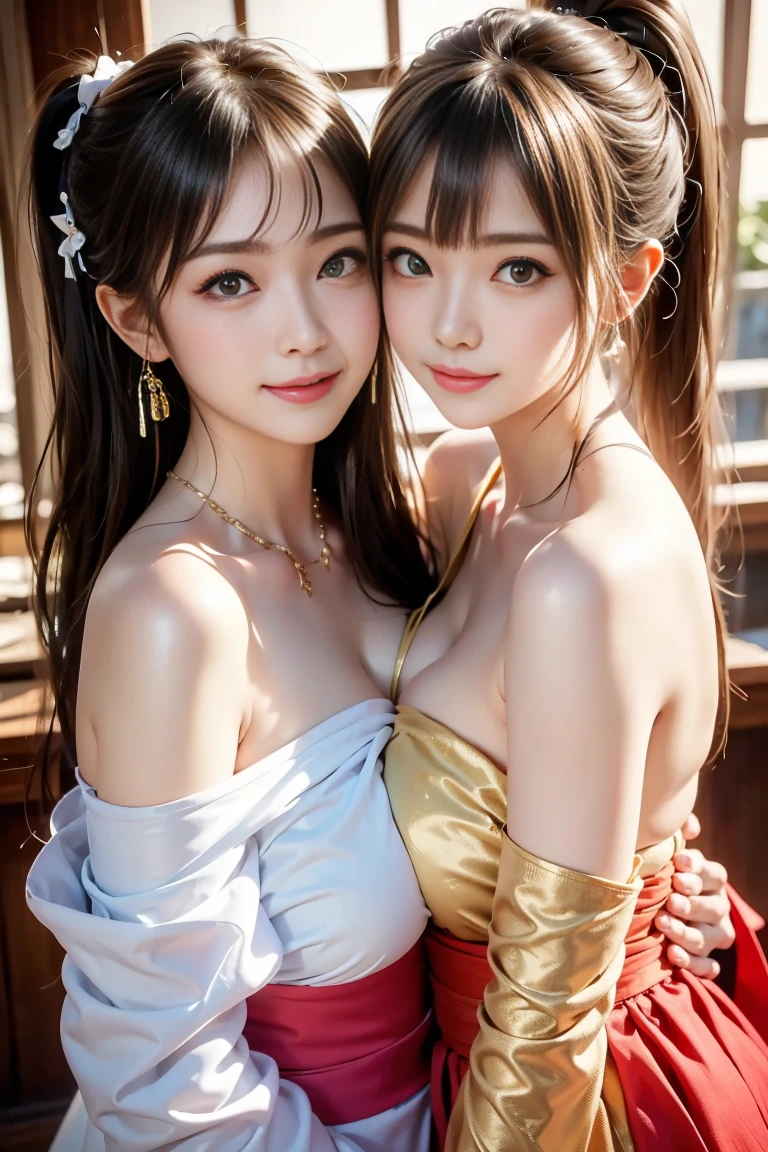 (msterpiece:1.3), (8k, RAW photo, best quality: 1.4), beautiful face, beautiful hairstyle, beautiful detailed eyes, beautiful skin, absurdres, attractive, ultra high res, highly detailed,NSFW, 3 girls in abandoned underground basement, big breast,facial close up,necklace,arms behind back,evil smile,knife,light long hair, ultra detailed skin,Heavy makeup, flower hairpin, naked,colorful patterned lace dress, dirty ground,on a rock,bondage,dirty rock,half body,