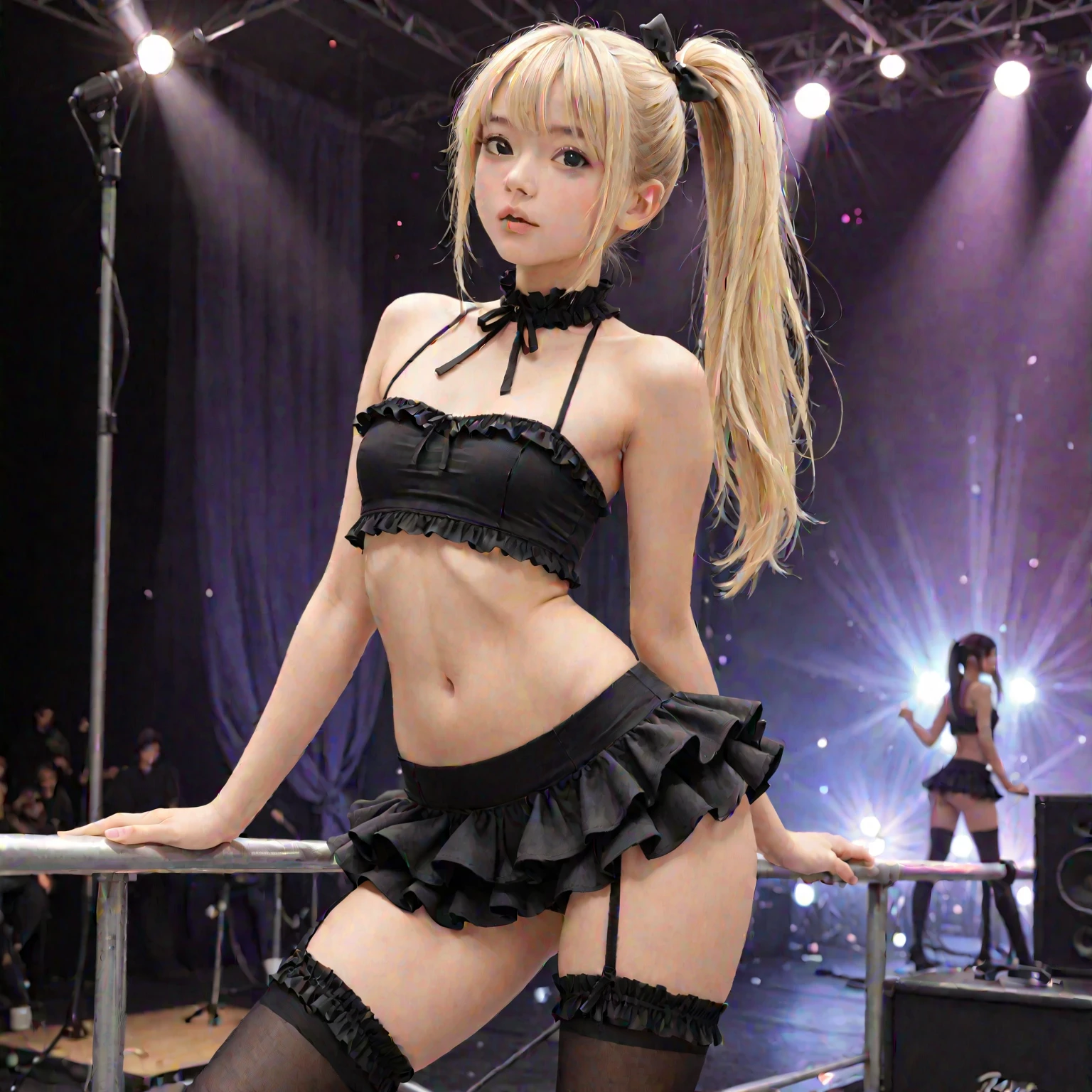 ((ganguro)), (masterpiece: 1.2, highest quality), (dark skin)、Angle from below、Looking at me with a happy smile、Blonde、High 、Ultra mini skirt、White panties、Hands are stretched out here