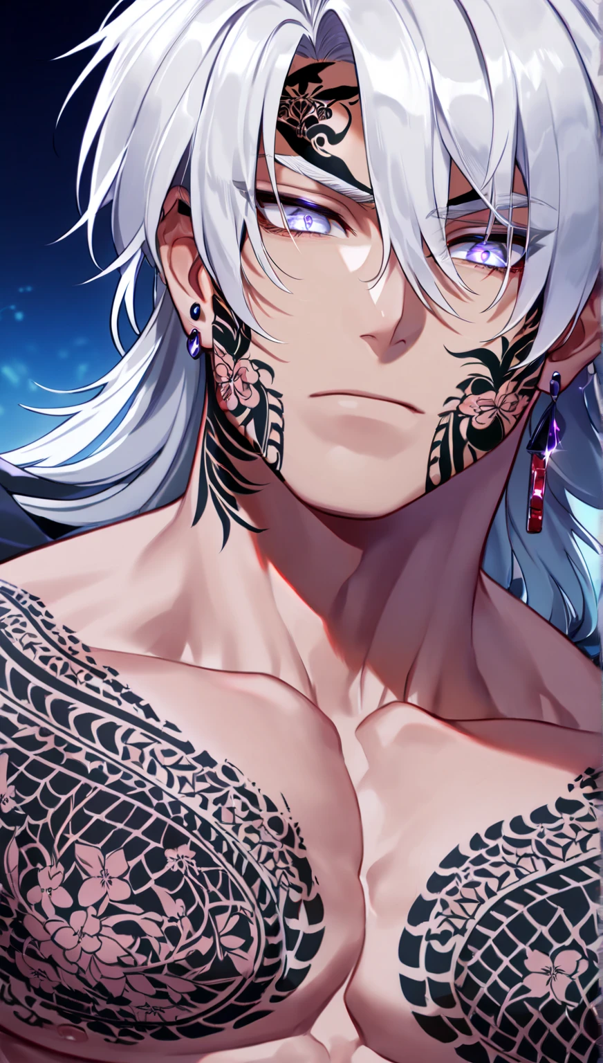 A man with white puffy shoulder-length hair, Silver Eyes, good looking, With tattoos on his hands,