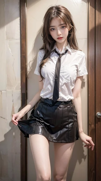 Arad woman wearing short skirt and white shirt posing for photo, Surrealism female students, Surrealism female students, actual , Realistic animation女孩渲染, stockings and skirt, 3D animation realistic, Small curves , Wearing a skirt and high socks, Realistic animation, cute female student, actual anime 3 D style, female student