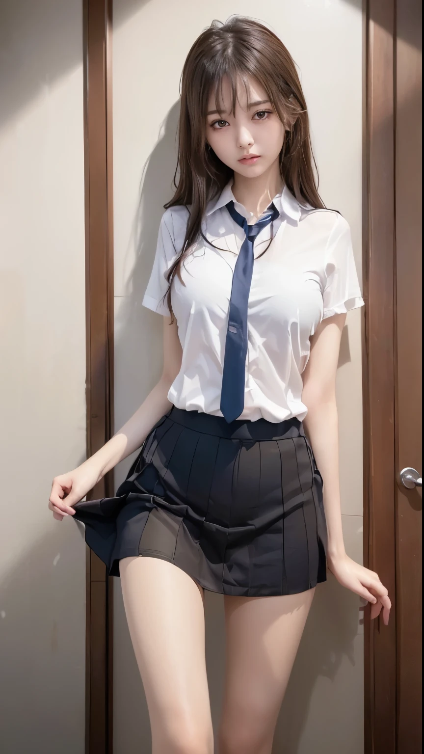 (best qualtiy,4k,tmasterpiece:1.2),Pretty girls,1girll,Grew up sexy.........:1.1,dark blue hair:1.1,Woman in school uniform,Drenched white school uniform,highly detailed face,Detailed lips,A detailed eye,Double eyelidd,Gorgeous miniskirt black stockings,stand up,full bodyesbian
