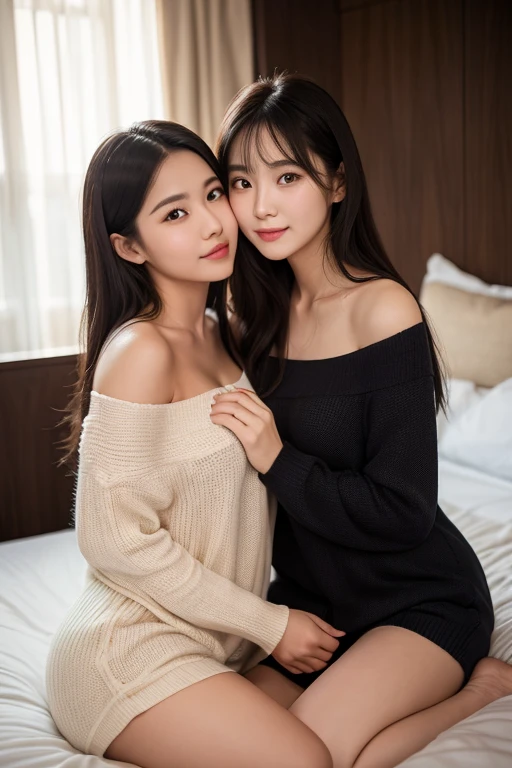 two korean girls kissing while cuddling in bed, they wearsh wool sweaters goth underwear and fishnet stockings , wavy black hair blowing in the wind. She's a men's magazine model, with a subtle smile, flirting with the camera, (in the evening light: 1.2), in the photo studio, perfect eyes, perfect hands, perfect body, perfect hair, perfect breast, Hair behind the ear, uhd, retina, masterpiece, precise, anatomically correct, textured skin, super detailed, high details, good quality, award-winning, best quality, High Resolution, 16K, 8K. fullbody Warte auf Start