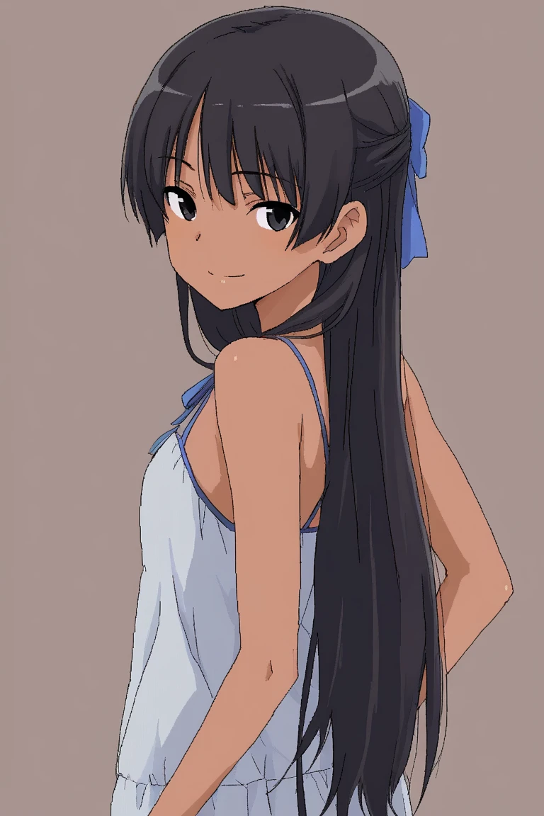 1girl, black_hair, slim, brown skin, oekaki, black_eyes, long_hair, smile, blue ribbon,looking_at_viewer,looking_back, simple_background