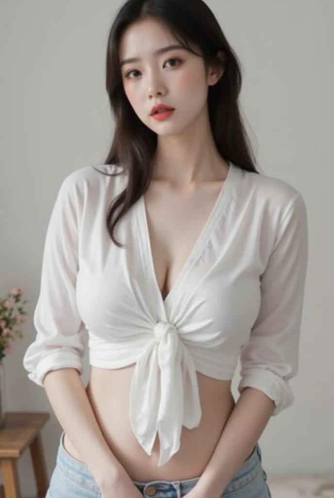 ((masterpiece)), (best quality), (detailed), (1 girl), Large-size shirt, White shirt, Off-shoulder,Arms down,Breasts are squeezed together,elbow squeeze