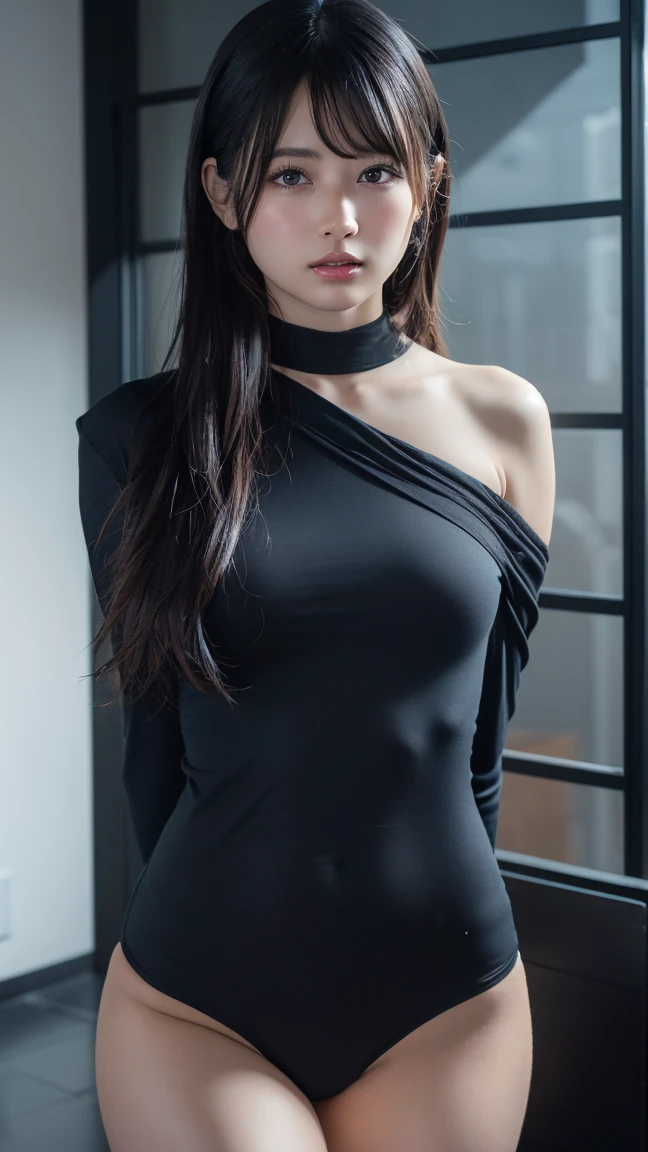 masterpiece, Highest quality, Very detailed, 8K, Realistic, Soft Focus, Beautiful attention to detail, Detailed face, double eyelid, One girl, alone, Beautiful Skin, Real human skin, whole body, Incredibly beautiful proportions、10 head and body,Beautiful and firm breasts, Beautiful cleavage, Mature Body, 18-year-old girl, beautiful girl, Japanese Idols, (French Braid:1.3), Brown Hair, Wearing layers, break, (Purple high neck off-the-shoulder sleeveless long dress:1.3), break, White fur decoration on chest, Standing position,  Atmospheric lighting in the venue, Captivating smile, Model pose, Browsing Caution