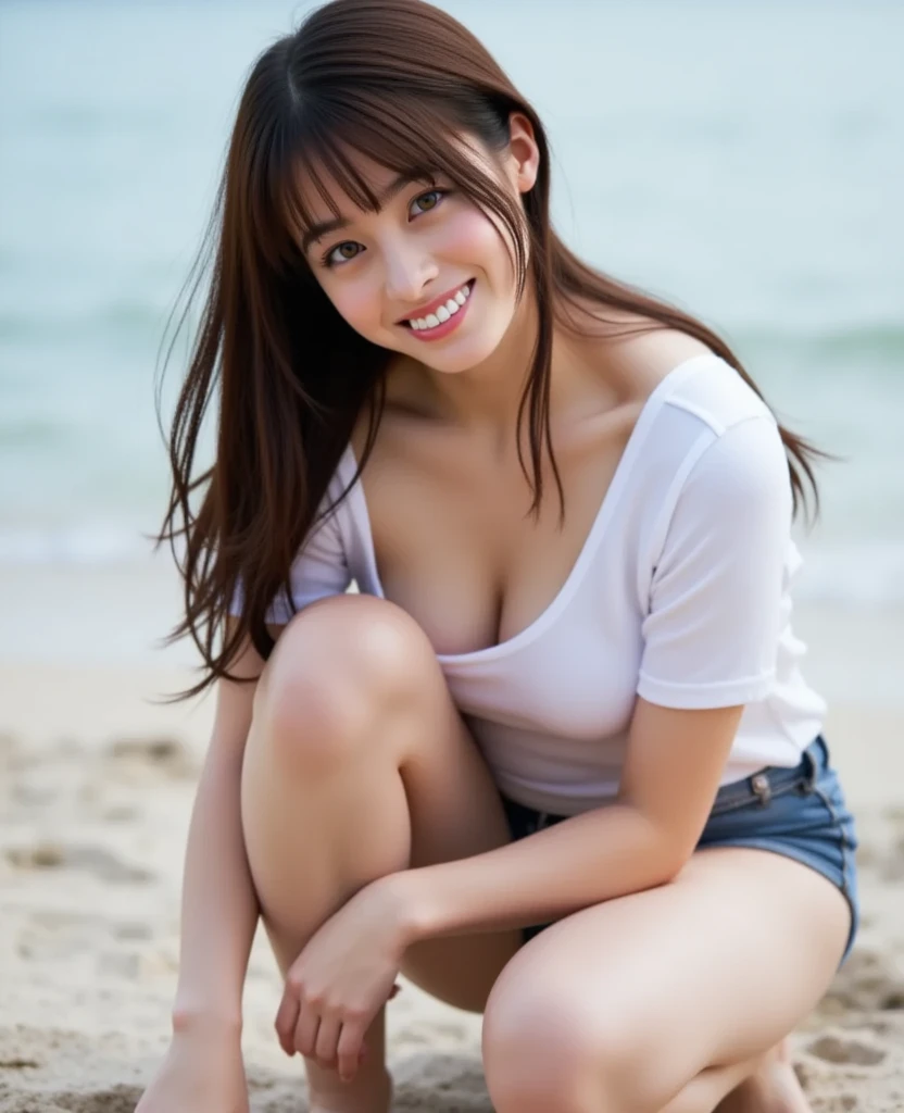 ((An ultra-high picture quality)),((Sleek image)),((Realistic 3D images)),((8K)),((real-looking-skin)),((White dress figure)),((ponie tail)),((18 year old beautiful girl)),((Transparency)),((Beautiful sandy beach)),((Crouching down and looking at me and smiling)),((No underwear))