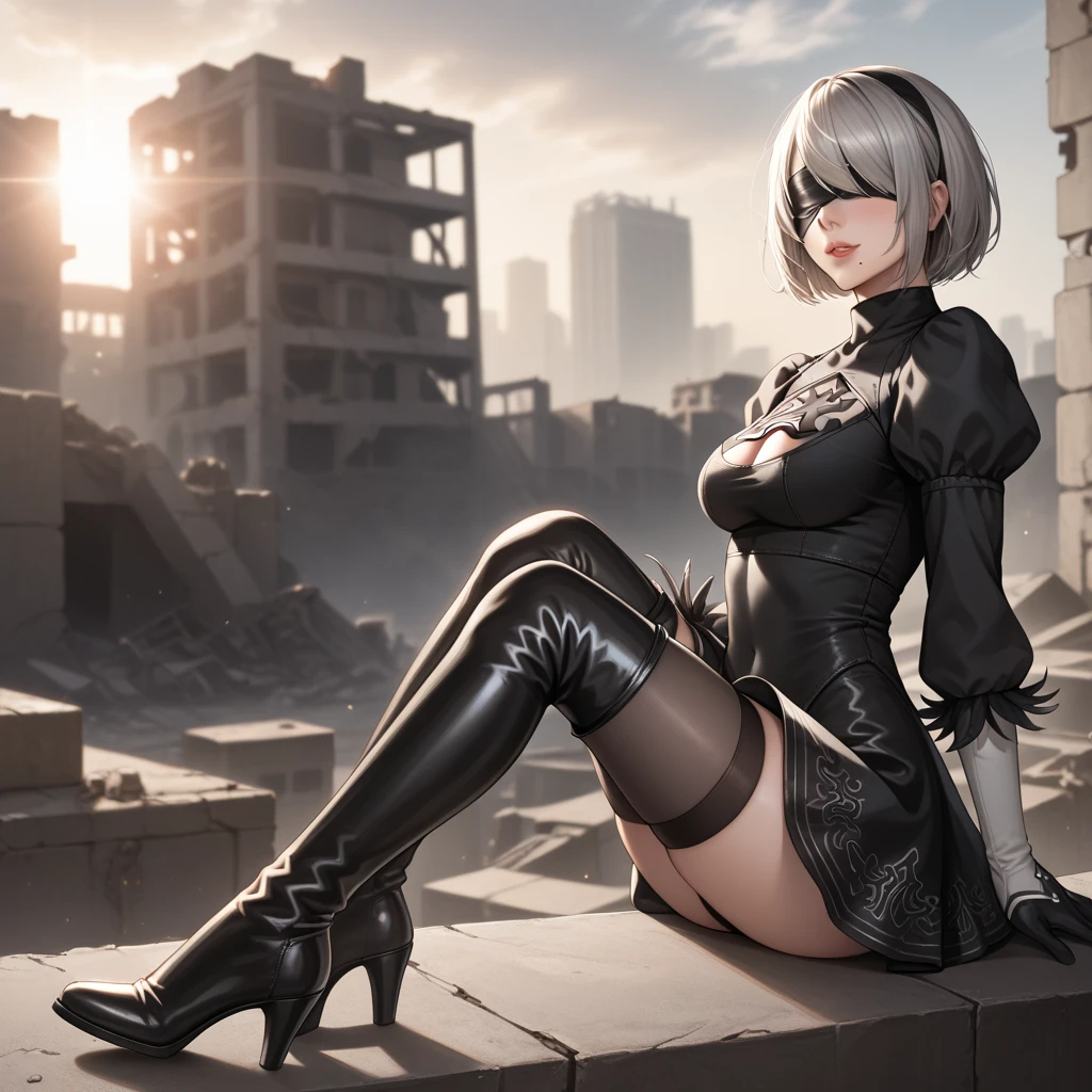 8k, ultra realistic, masterpiece, best quality, ultra detailed, beautiful face, beautiful skin, photorealistic, (professional lighting:1.2), nier_automata, 2B, yorha_no._2_type_b, white hair, short hair, black_dress, black_hairband, robot_joints, android, cyborg, clothing_cutout, light smile, pearl necklace, looking at viewer, (((full body))), focus on face, ultra sharp, on street in business district, ultra detailed photo background, (((Inside a ruined building in the near future, on sofa, an inviting gesture)))