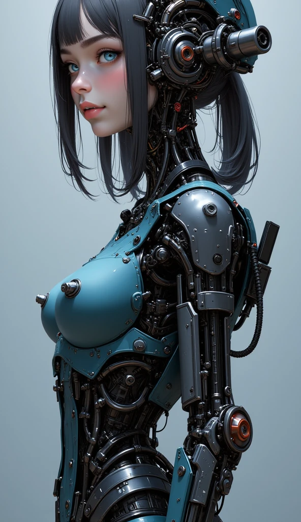 (((​masterpiece)))、((top-quality))、(The ultra-detailliert)、、(Very noble and beautiful))、Cinematic Light、((1 Mechanical Girl))、Steampunk Body、Goldsmith、Sumerian details、Hydraulic cylinder、a purple eye、Colossal tits、The cleavage is visible、Nipples are hidden、(Mechanical joint:1.4)、((Mechanical limb))、(Blood vessels attached to tubes)、((Mechanical spine attached to the back))、((Mechanical cervical vertebrae attached to neck))、(Wires and cables attached to the head and body:1.5)、 Luminous tube、Glowing LED lamp、neon details、cowboy  shot、