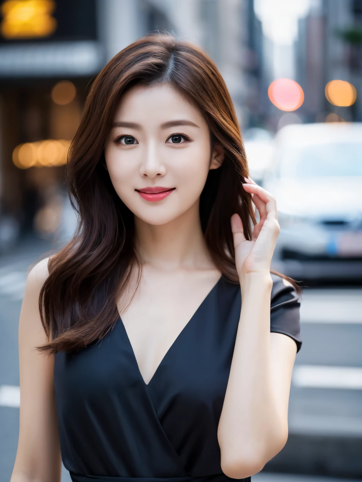((Top Quality, 8K, Masterpiece: 1.3)), Sharp Focus: 1.2, (beautiful Actress ), Realistic Photos (Shiny Skin), Black Hair, off shoulder, Realistic Pupils, Movie Lighting, Highly Detailed Eyes and Face, Smile, Big Cleavage, in nature, A neat young lady wearing a white blouse