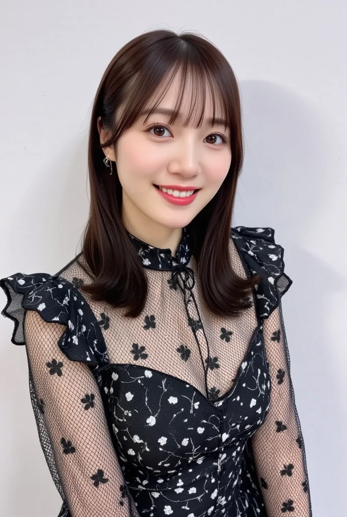 Medium display, Medium Shot, Written boundary depth, bust, Upper Body, Movie angle, masterpiece, Highest quality, Very detailed, CG, 8k wallpaper, Beautiful Face, Delicate eyes, Otome, alone, smile, bangs, skirt, shirt, have, Cobalt blue dress with gold trim, Laugh mischievously、Floral Background