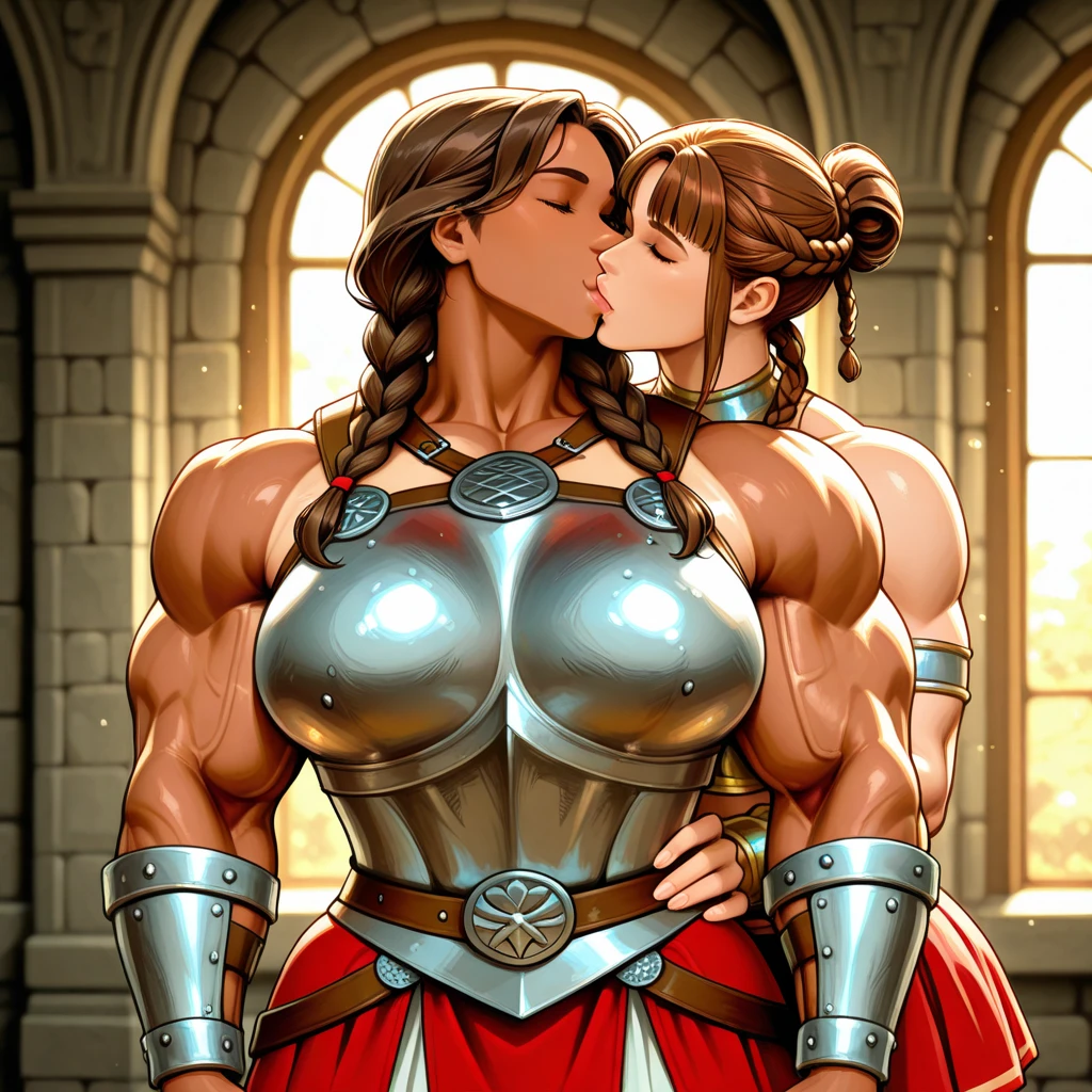 SFW close up, young girl, amazon warrior kissing a kid on the cheek in an ancient greek-like city, chest armor huge breastplate, young, teens, muscular, athletic, buff, attractive, curvy, powerful, bulky, incase, super tanned, dark bronzed skin, extremely huge thighs, hypermuscular legs, extremely pumped up quad muscles, wearing armor, perfectly round breasts, breast implants, fake tits, parted lips, scar on thighs and biceps, exaggeratedly thick thighs