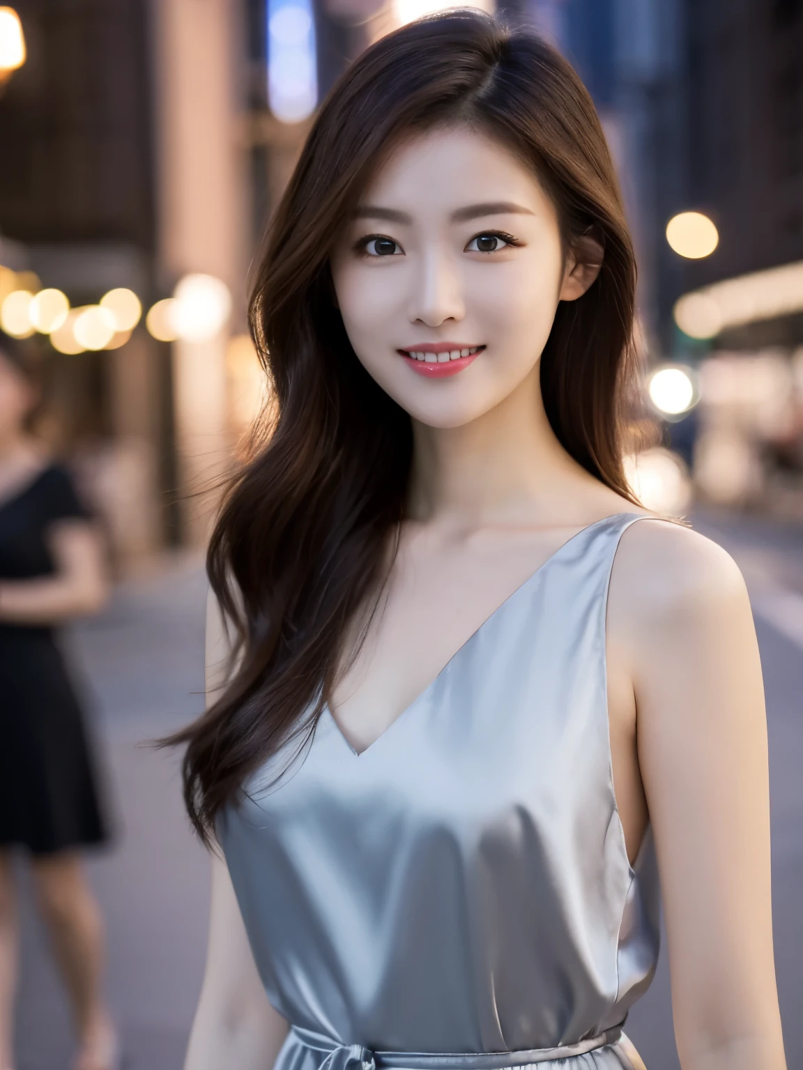 masutepiece, Best Quality, Illustration, Ultra-detailed, finely detail, hight resolution, 8K Wallpaper, Perfect dynamic composition, Beautiful detailed eyes, Glamorous summer dresses,Medium Hair, mid-chest, Natural Color Lip, Random and sexy poses,Smile,Aoyama Street Walk、20 years girl