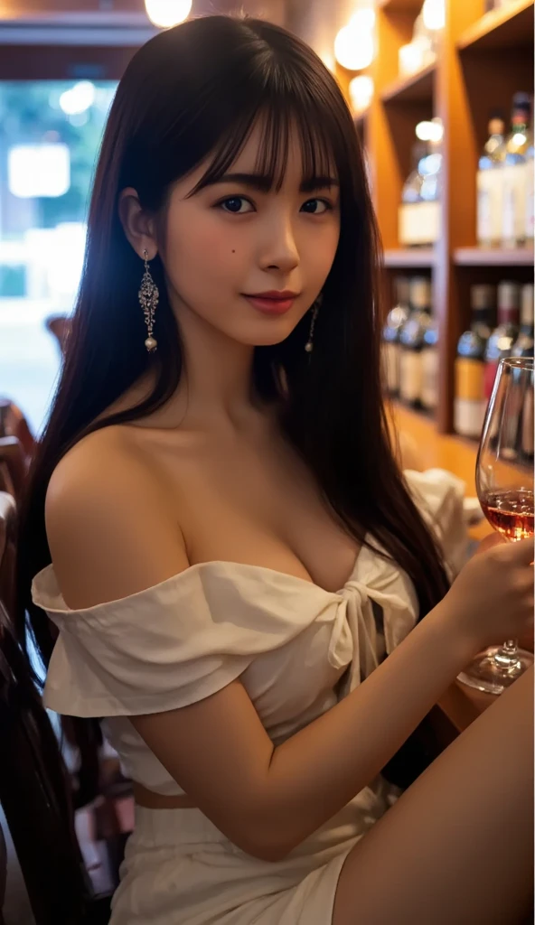 (((masterpiece、high resolution、high quality、Ultra-high resolution、Delicate、16K、)))1 female、Age 25、Brown Hair、Long Hair、Clear Eyes、Dense lips、See-through dress 1.3、slim、slender、Off the shoulder、Cleavage、Beautiful legs、((bar、Whiskey and cocktails lined up on the shelves、Dimly lit interior))🍸