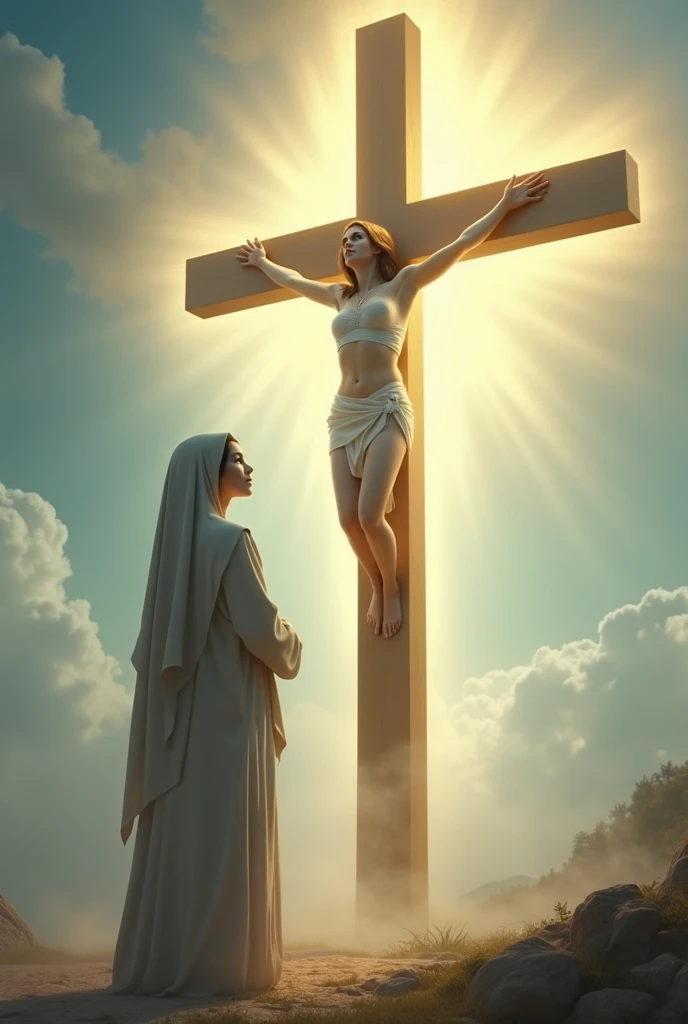 "A deeply emotional scene of the Virgin Mary standing at the foot of the cross during Jesus' crucifixion. Mary's face is filled with sorrow and unwavering faith, her hands clasped in prayer. The dark, stormy sky above and the somber atmosphere enhance the profound grief and devotion. The cross is prominently displayed, with Jesus crucified, while Mary is depicted with a flowing blue and white robe, her eyes reflecting immense pain and divine acceptance. The entire scene conveys an atmosphere of ultimate sacrifice and maternal love, set in a realistic, photographic style --ar 16:9 --v 6.0 --style raw --s 0"