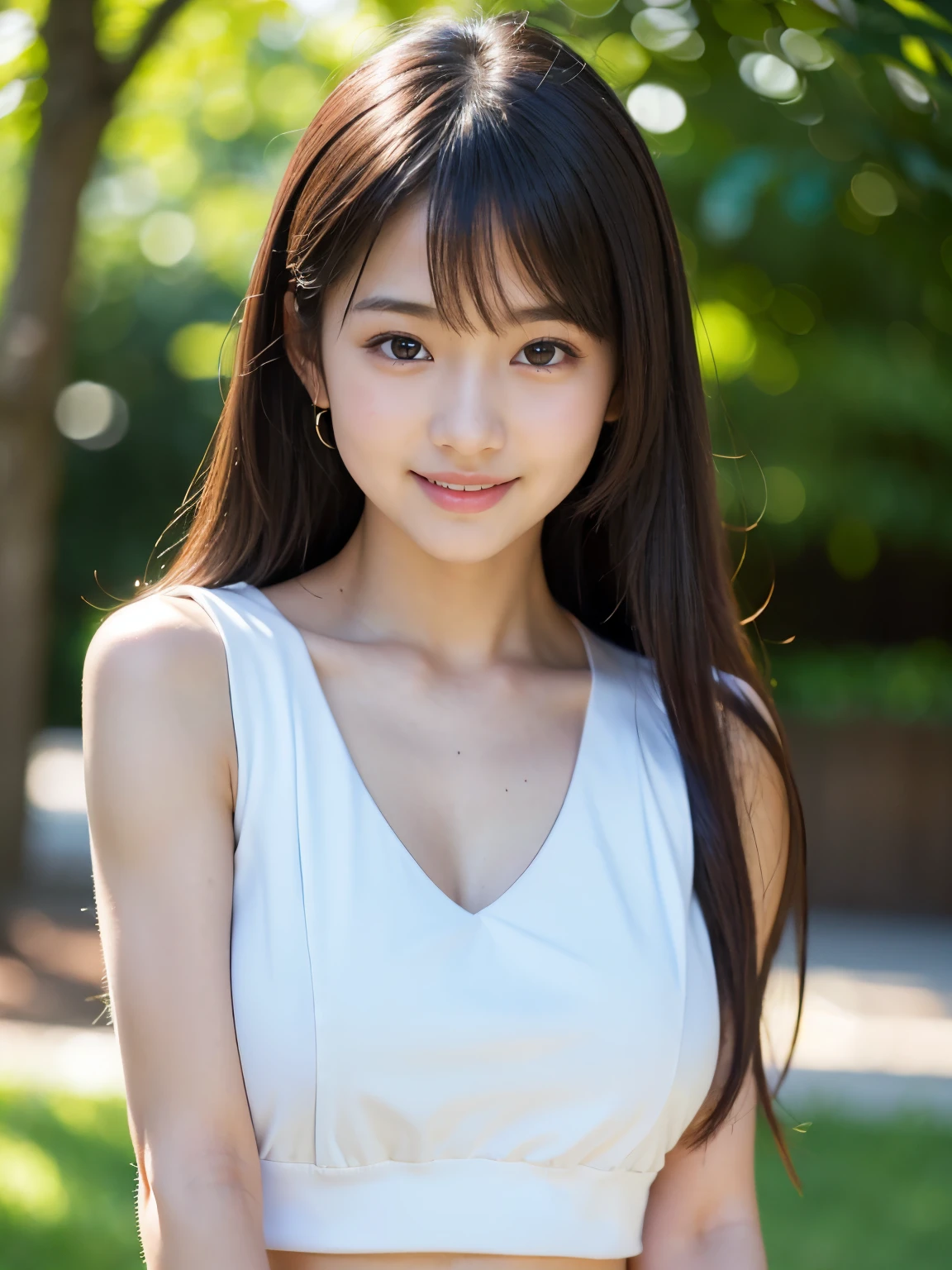 highest quality, figure, super detailed, finely, High resolution, 8k wallpaper, 完璧なダイナミックな構figure, beautiful skin, (big eyes), 20 year old beautiful girl, natural color lip, (y pose), Mid chest, smile, Highly detailed face and skin texture, Detailed eyes, Double eyelid,leaking teeth and laughing, close-up, from above, brown hair ponytail, (white dress:1.2), tree-lined avenue