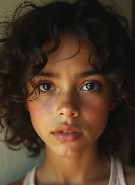 A Brazilian teenager with curly hair and vintage style, looking old