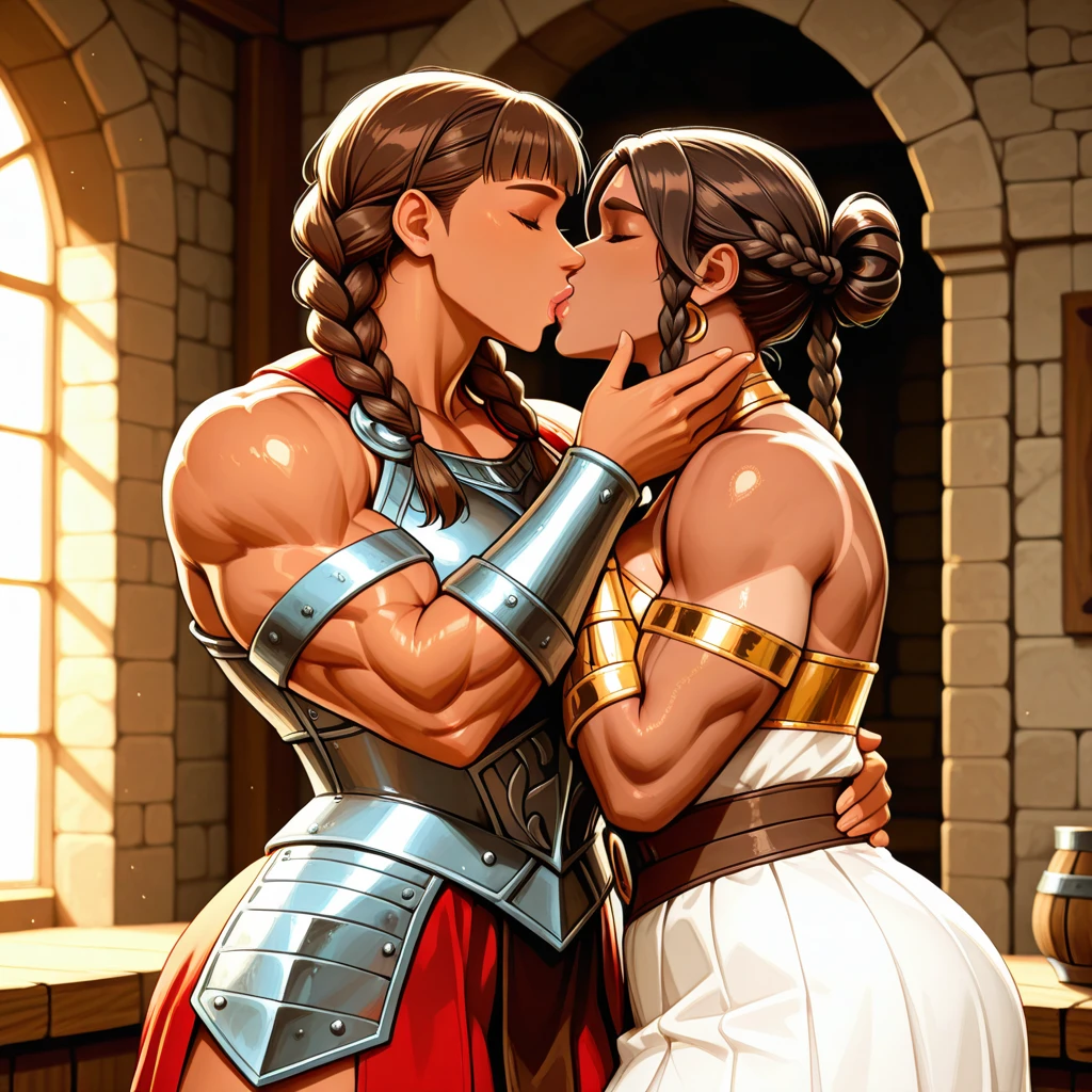 best quality, masterpiece, two rugged men, bronzed tan skin, (bleeding cuts and bruises), wearing ancient roman gladiator armor, uncut flaccid penis, groping each other, looking directly at each other lustfully, in dark dungeon, best view, perfect fingers, no watermark, no logo, no signature