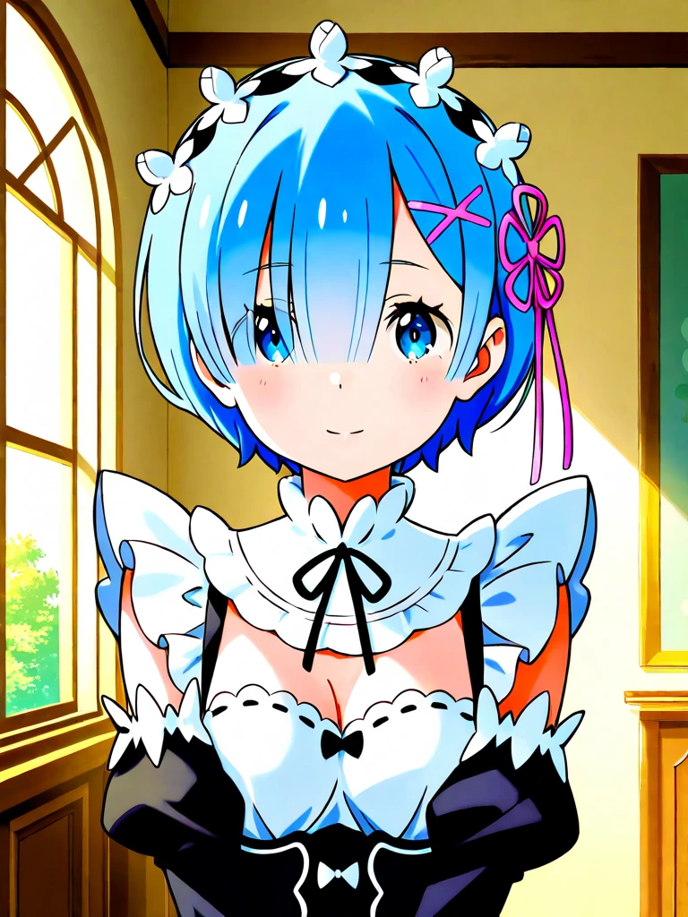 remrezero, 1girl, solo, breasts, looking at viewer, blush, smile, short hair, blue eyes, hair ornament, ribbon, blue hair, outdoors, detached sleeves, hair over one eye, maid, maid headdress, x hair ornament, pink ribbon, roswaal mansion maid uniform, photo background