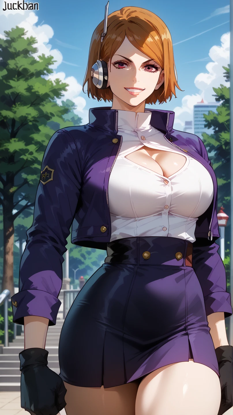 A woman with short tomboy hair Wear a gold sparkling black short sleeve collared shirt with a long white skirt.,Red hair, muscular,tomboy,Tall body, super very big bosom,Wearing a black royal coat
