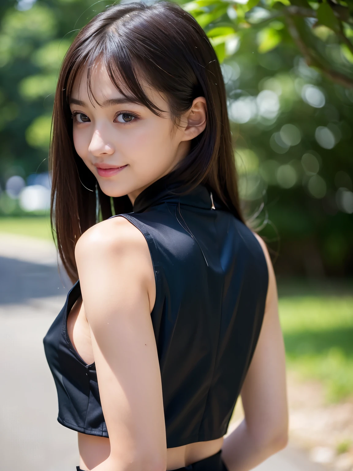 ((outside)), (8k, RAW Photos, Highest quality, masterpiece:1.2), Bun twin tail, ((Beautiful girl alone)), Looking at the audience, Viewed from the front, Beautiful white skin, knees, Absurd face is small, Part your bangs down the middle, The forehead is visible, Glare, ((Cute mischievous face:1.3)), Ultra-high resolution, cute, (Slender body line), (Outstanding proportions), ((A stylish low-exposure black and white silk dress:1.2)), high school girl, (Baby Face:1.65), Japanese women, Are standing, (Photorealistic:1.37), Photon Mapping, Realistic, cute顔が小さい, Brown eyes, prospect, Written boundary depth, Blurred Background, (I can see the bangs), Silky smooth hair, (Slim Belly:1.3), (Beautiful thin thighs:1.2), (Small beautiful butt:1.2), (Curved waist), thigh, Nogizaka idol, Idol, (Detailed hands:1.3, Accurate hands:1.3, Beautiful little hands of a girl:1.3), (Firm and beautiful breasts:1.3), Super quality, Low people, (Clear white skin, Skin with visible pores:1.2), (Focus on the face), Check and correct the garment construction, (Perfect Anatomy:1.3), (Detailed eyes and face:1.3, Professional photography techniques), (Beautifully shaped crotch)
